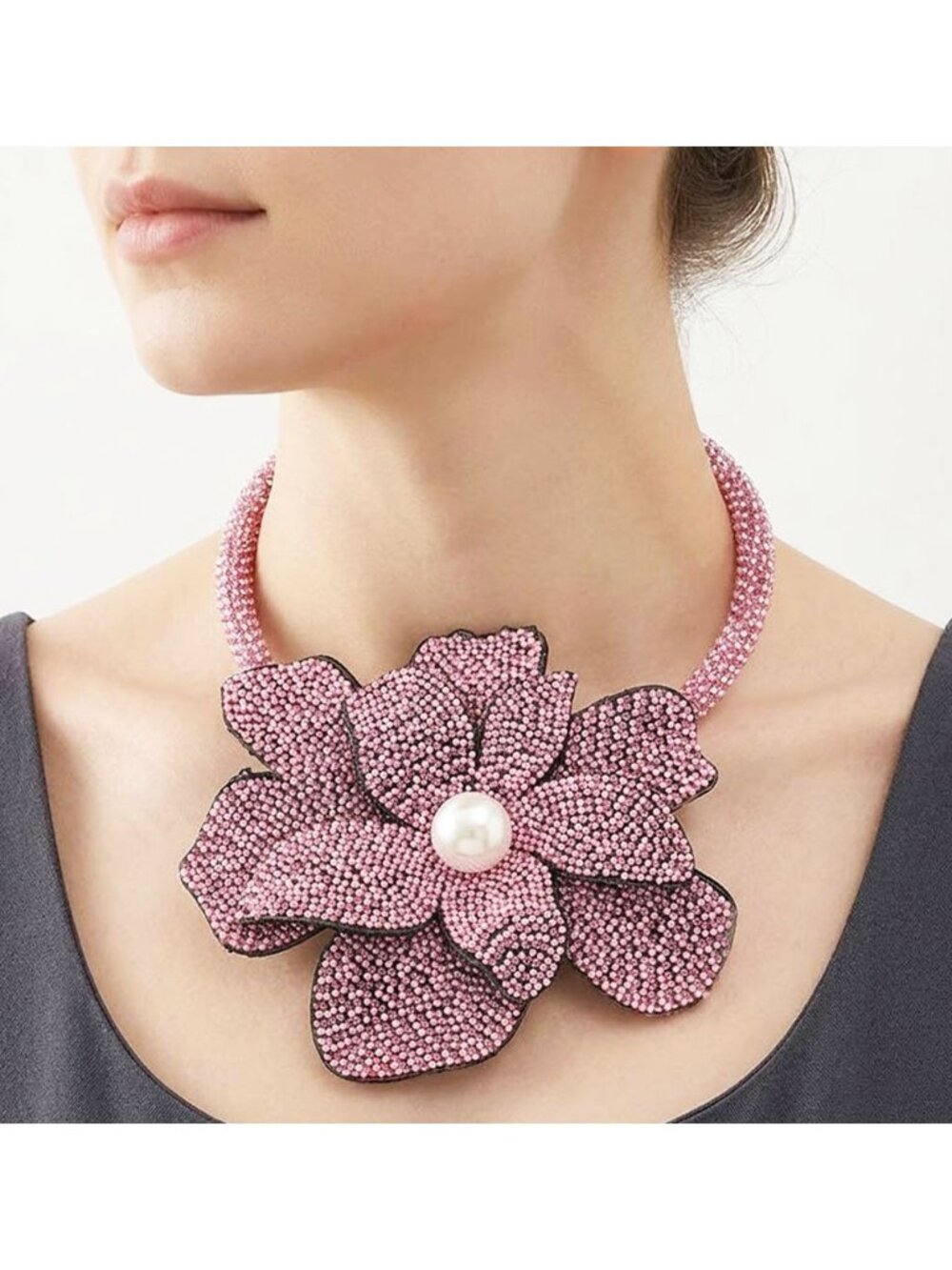 Tigerstars Pink Pearly Center Bling Studded Oversized Flower Necklace